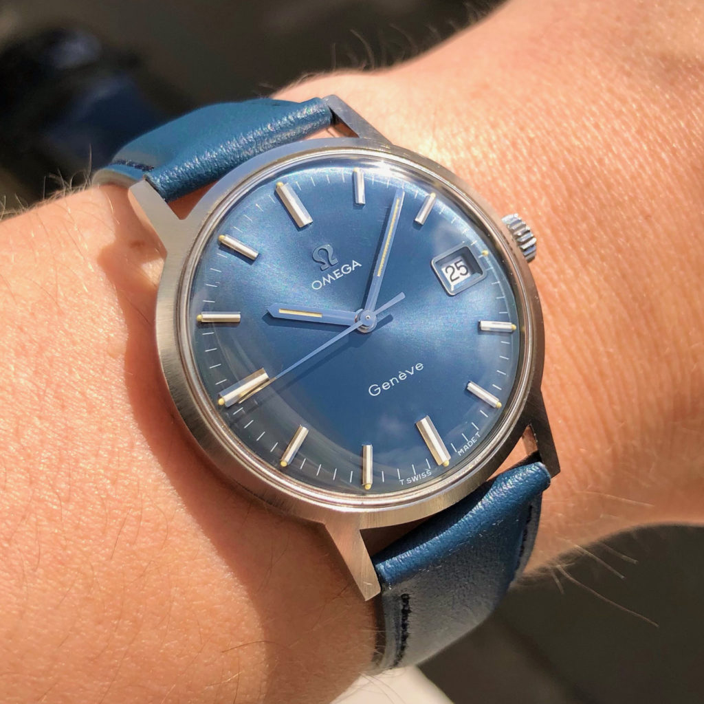 1978 Omega Geneve Date with Stunning Original Electric Blue Dial Model 136.0103 on Bracelet main image 1